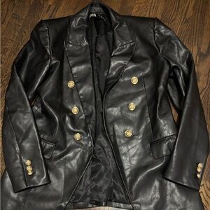 Zara Black Leather Jacket with Gold Buttons